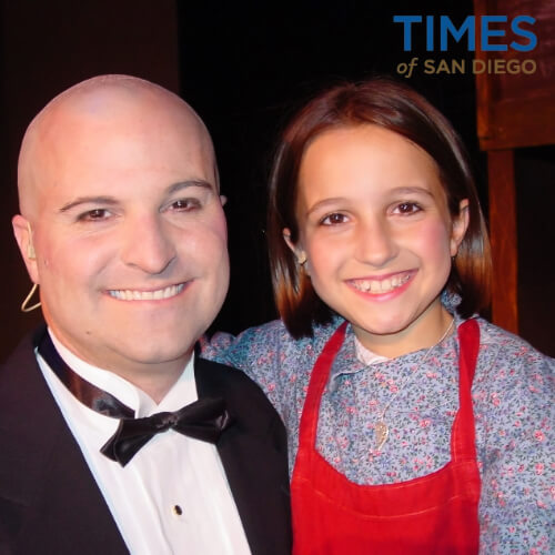 Dr. Chris Hoolihan of Neighborhood Veterinary Hospital in costume as Daddy Warbucks with a young performer in the Star Theatre's "Annie" production, featured in Times of San Diego — San Diego, CA